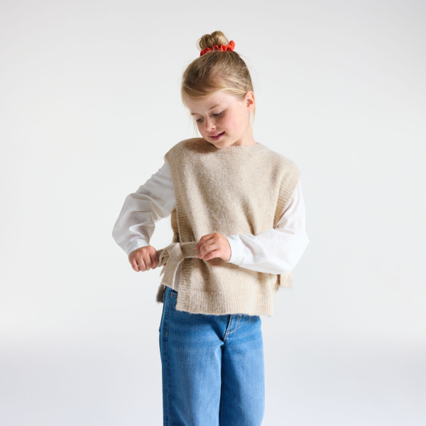 قميص بولو بونشو بدون أكمام للفتيات، اللون بيج